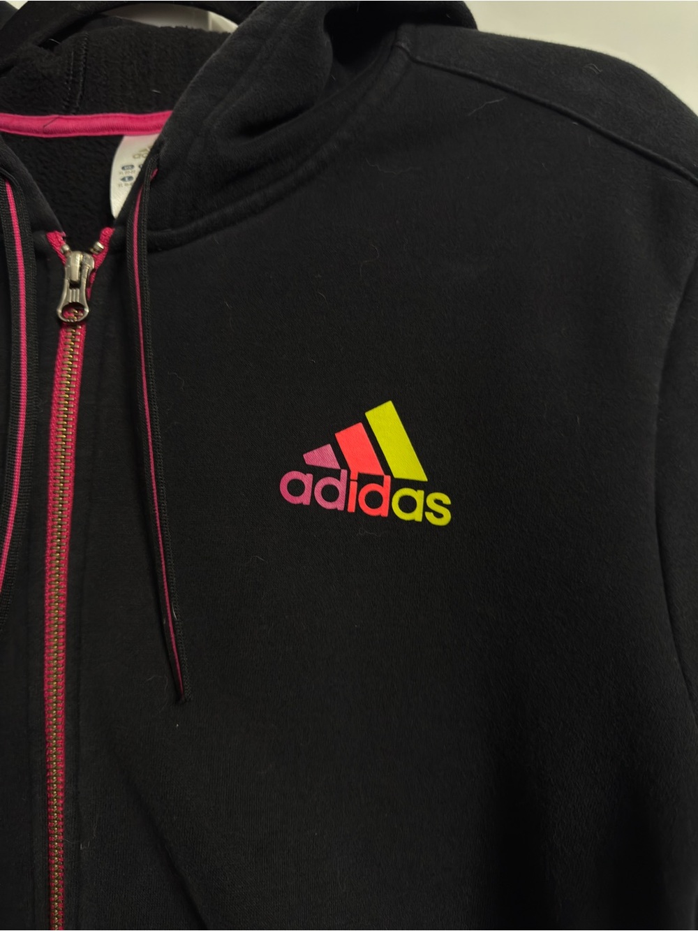 Adidas Black Zip Up Hoodie Pink Striped Hood Thumb Holes XL w/ Thumb Holes - Picture 3 of 5